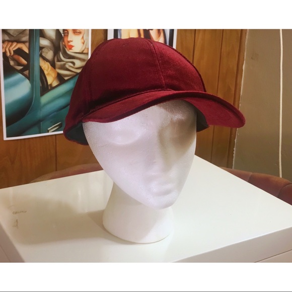 SOLD Red Burgundy Suede Velvet Baseball Cap Hat - Picture 4 of 8
